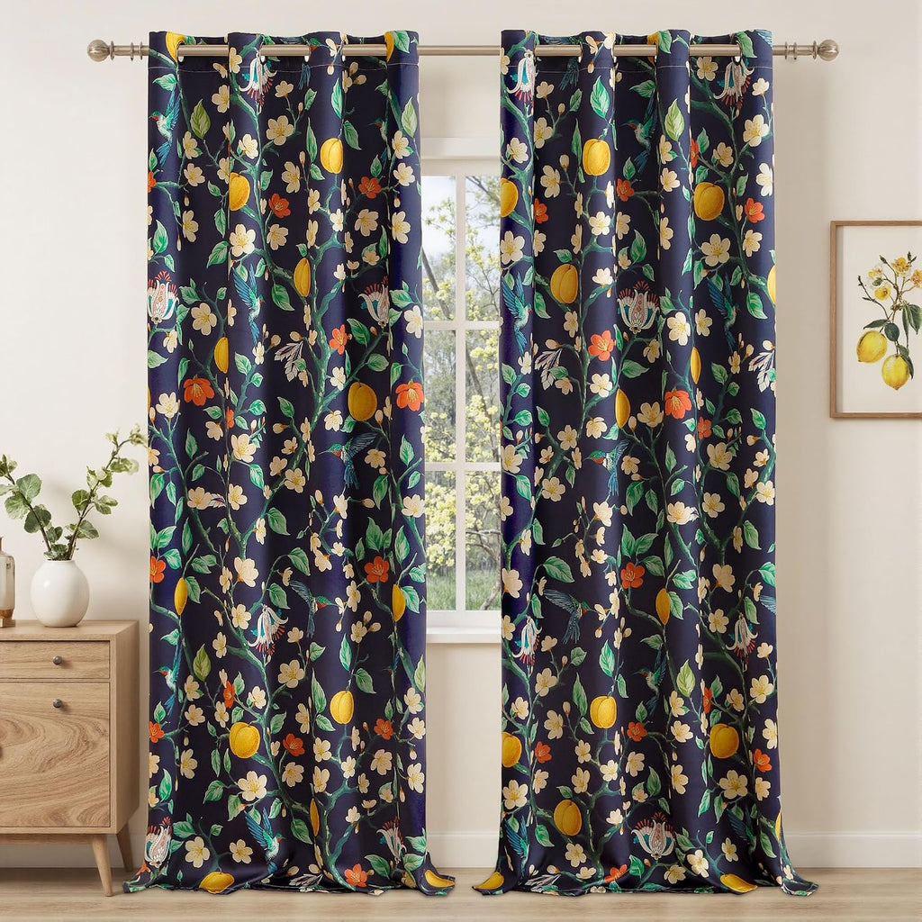 Floral Curtains 100% Blackout, Vintage Hummingbird Black Out Curtain 84 Inches Long, Patterned Thermal Insulated