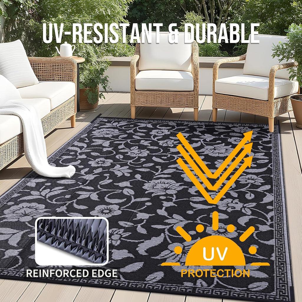Outdoor Rug Waterproof Reversible Floral Mat, Black & Grey