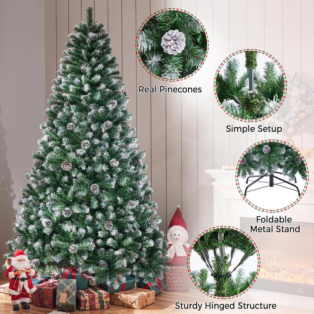 7.5ft Artificial Christmas Tree, Snow Flocked Christmas Tree w/82 Pinecones, 1346 Frosted Tips, Pre-Decorated Tree