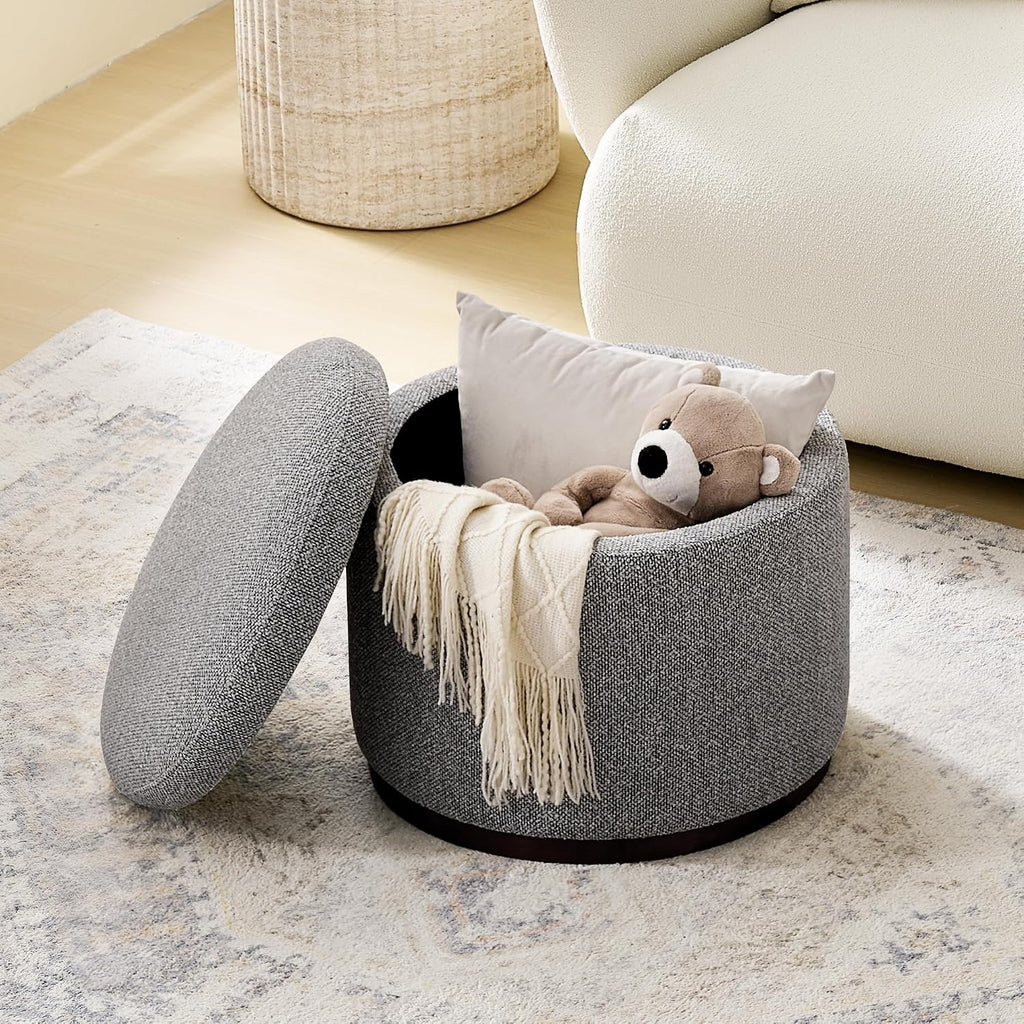 Round Storage Ottoman, 20" Boucle Ottoman Foot Rest Stool(Light Grey) | Hidden Storage Accent Ottoman , Solid Wood