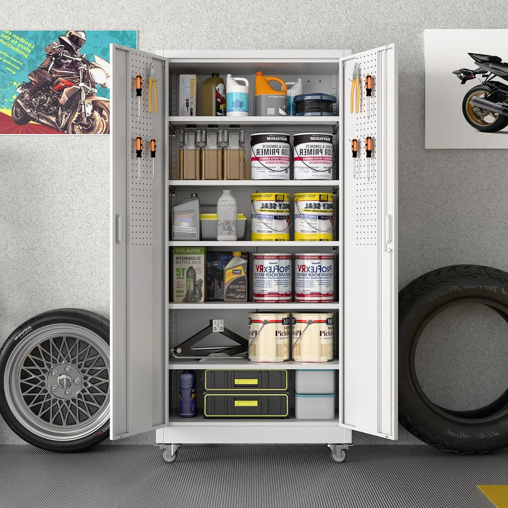 71" White Metal Storage Cabinet with Wheels and Pegboard | 16"D x 32"W x 71"H steel cabinet; lockable doors, 5