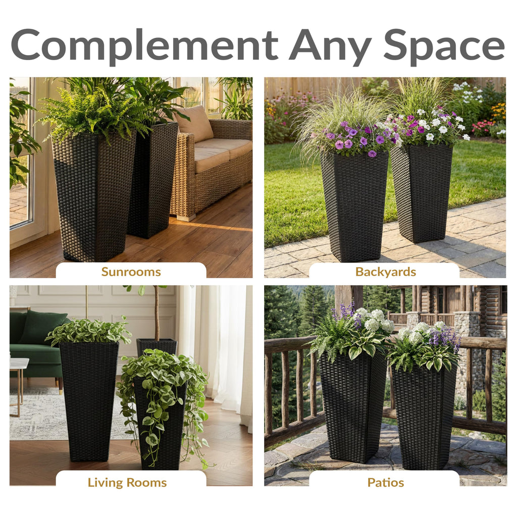 24" Square Tall Wicker Outdoor Planter, Black, 2pk