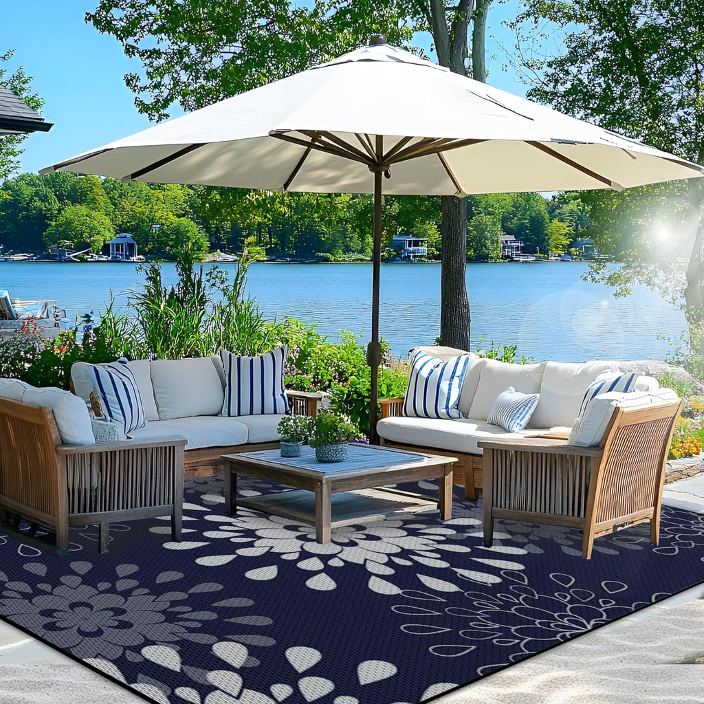 Outdoor Rug, Flower Blue & White