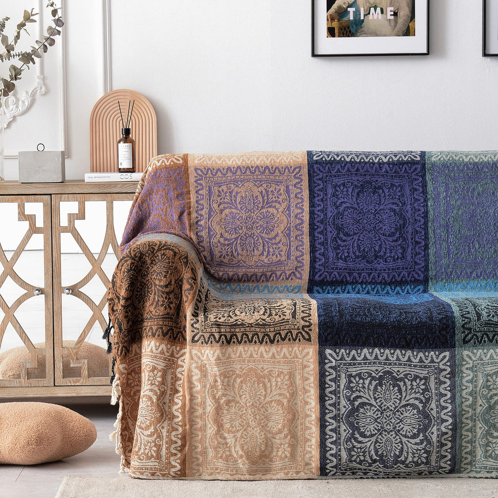 Boho Throw Blanket - Hippie Chenille Jacquard Bohemian Chair Couch Sofa and Bed Furniture Cover with Colorful Tribal