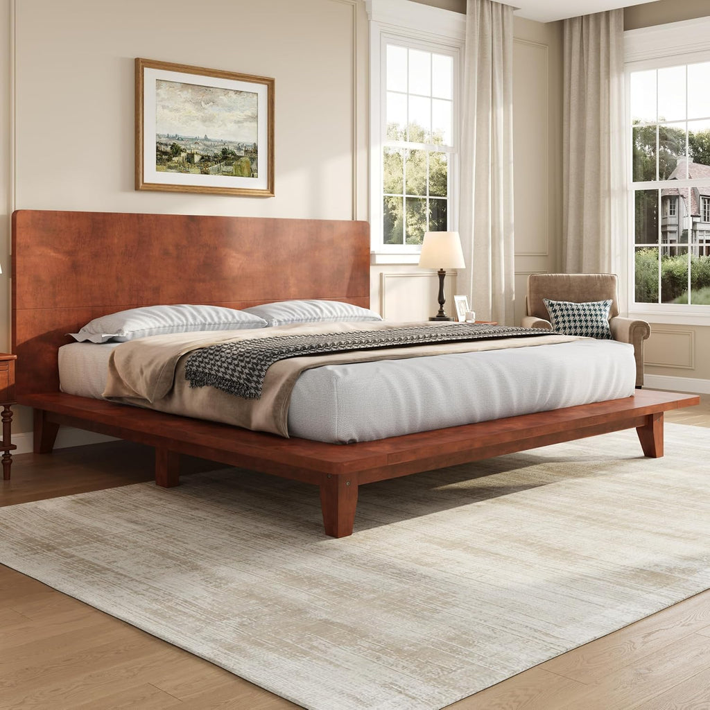 Japanese Wooden Bed Frame with Brown Headboard