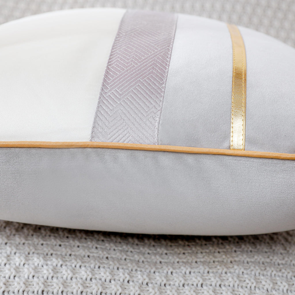 Patchwork Light Grey Silk-Like Velvet Throw Pillow Cover with Gold Striped Leather Cushion Case Modern Luxury Square