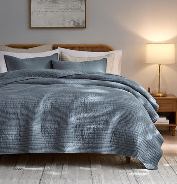 100% Cotton Striped Channel Quilt Set, Dusty Blue