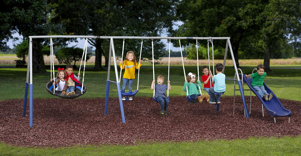 Fun Forever - 8 User Metal Swing Set for Backyard with Slide, 800lbs. Max