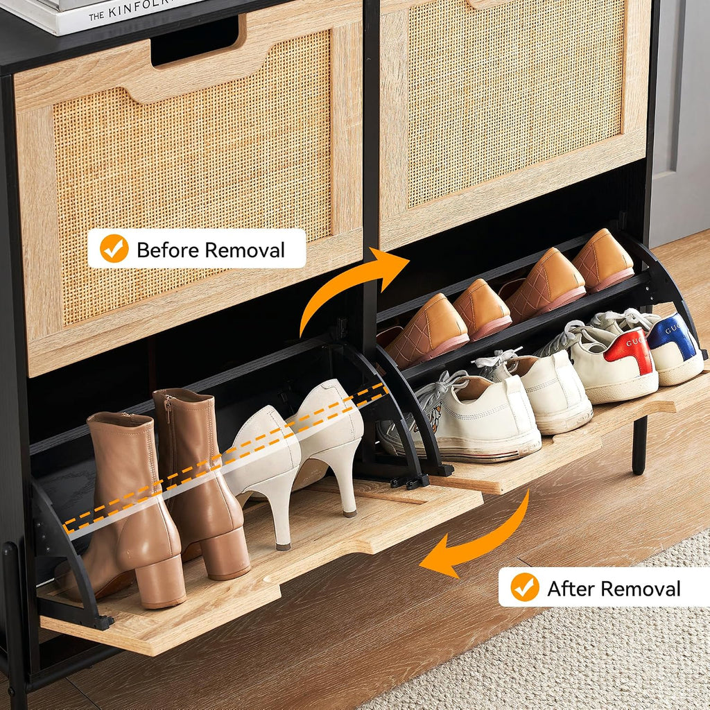 Natural Rattan Flip Drawer Shoe Cabinet Narrow Freestanding Entryway Shoe Storage Organizer Adjustable Shelves Metal