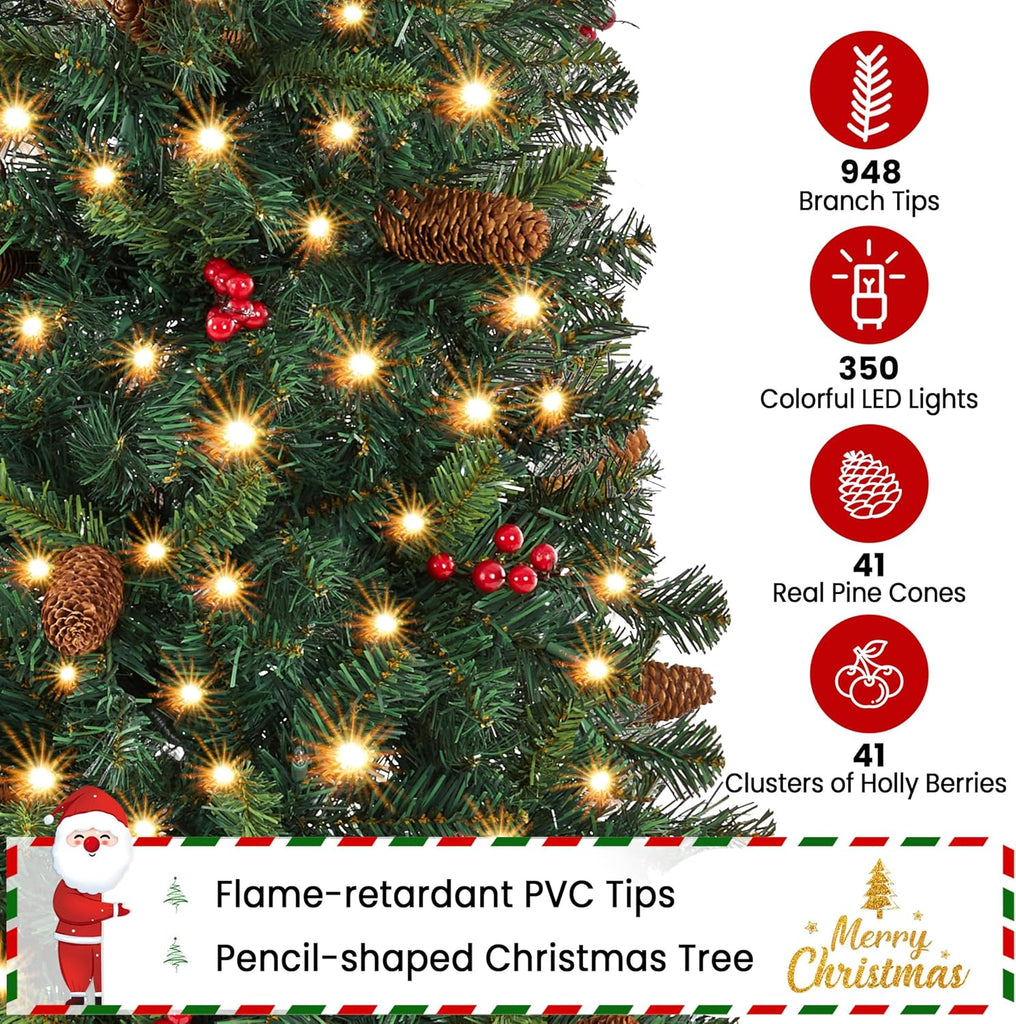 7.5ft Pre-lit Pencil Spruce Christmas Tree, Artificial Slim Xmas Fir, Pre-Decorated , Party, Holiday Decor W/ 948