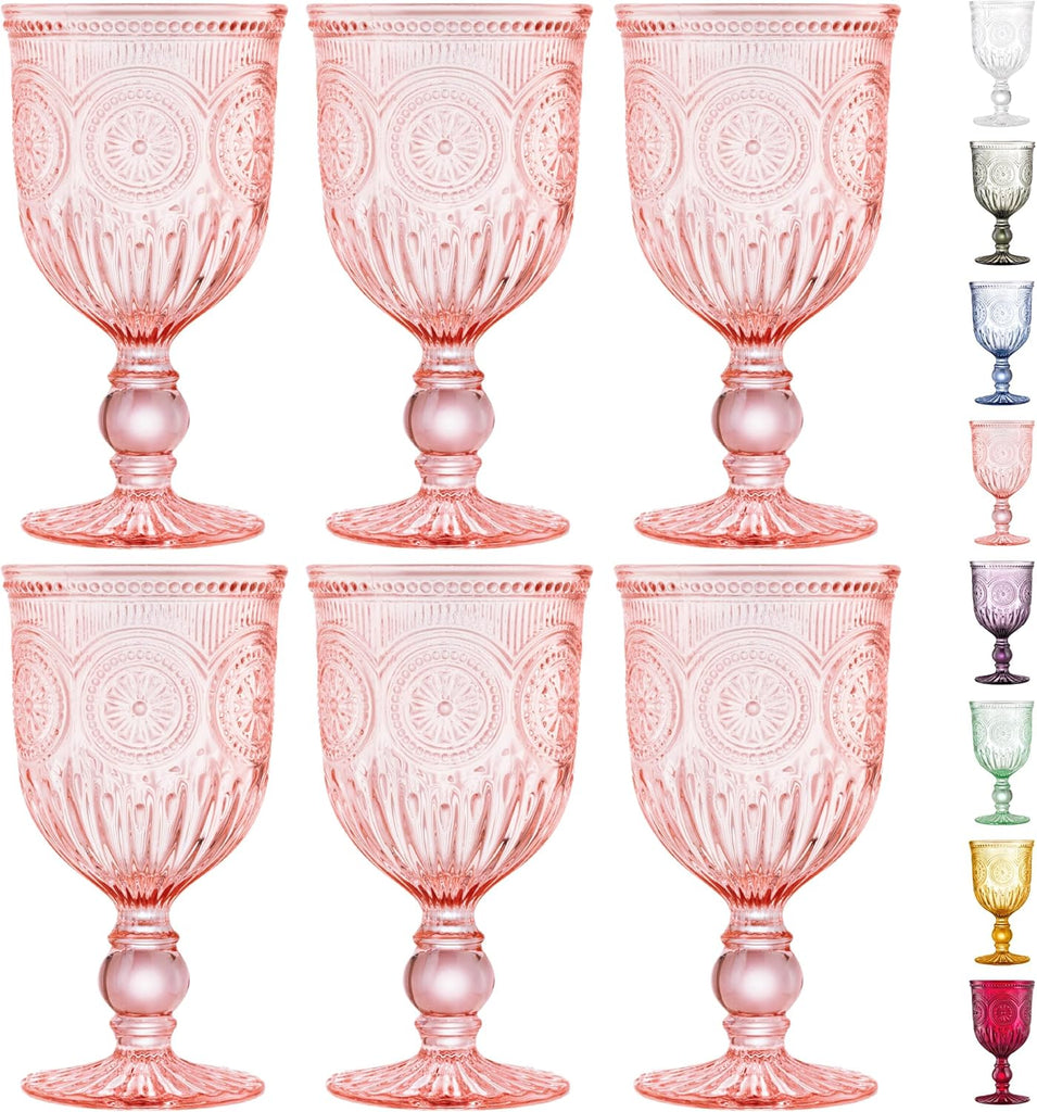 Pink Wine Glasses Set of 6 Vintage Hobnail Goblets 10 oz Transparent Glassware with Stems Dishwasher Safe