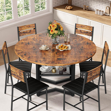 Round Dining Table Set for 6, Rustic Brown