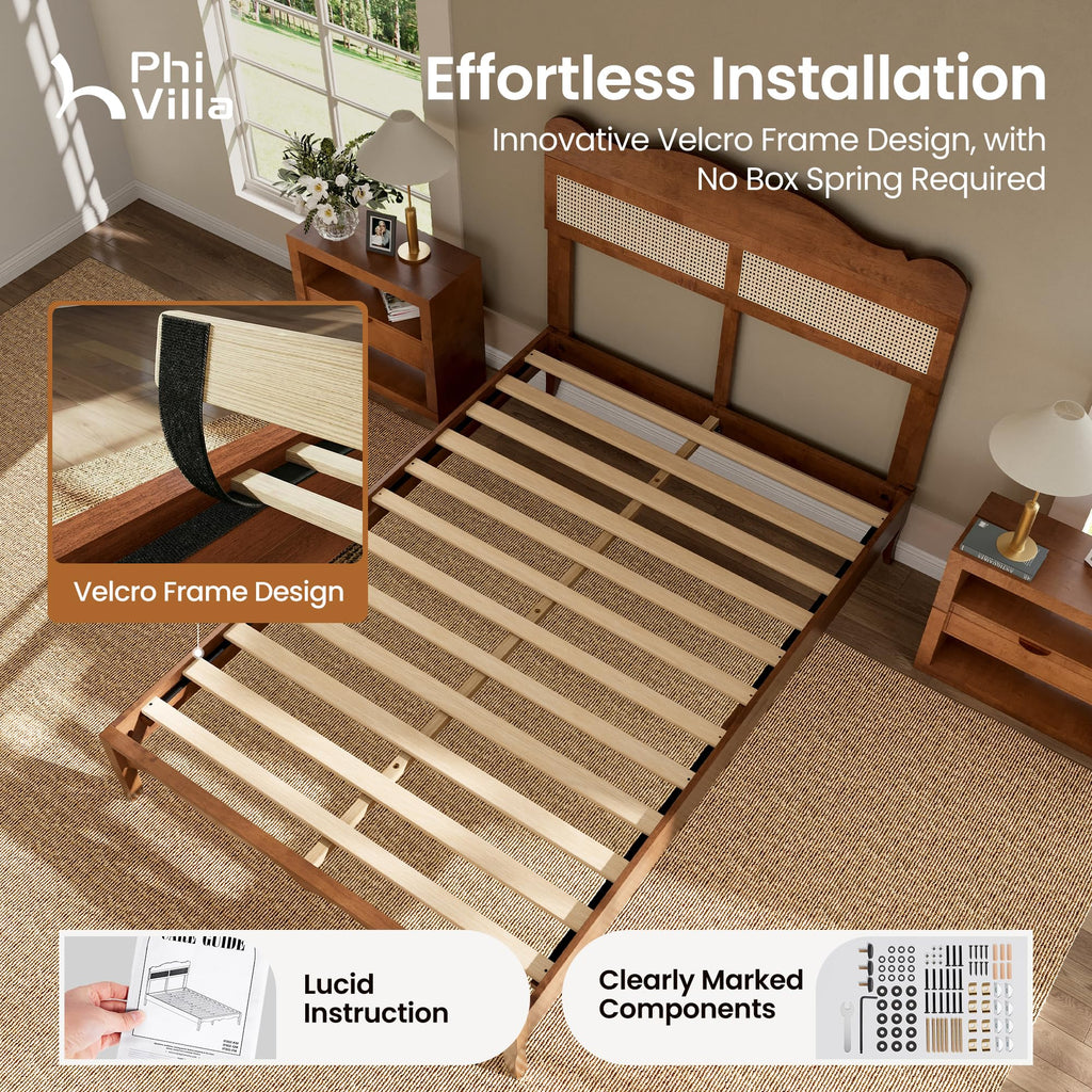 Solid Wood Full Size Bed Frame with Adjustable Headboard