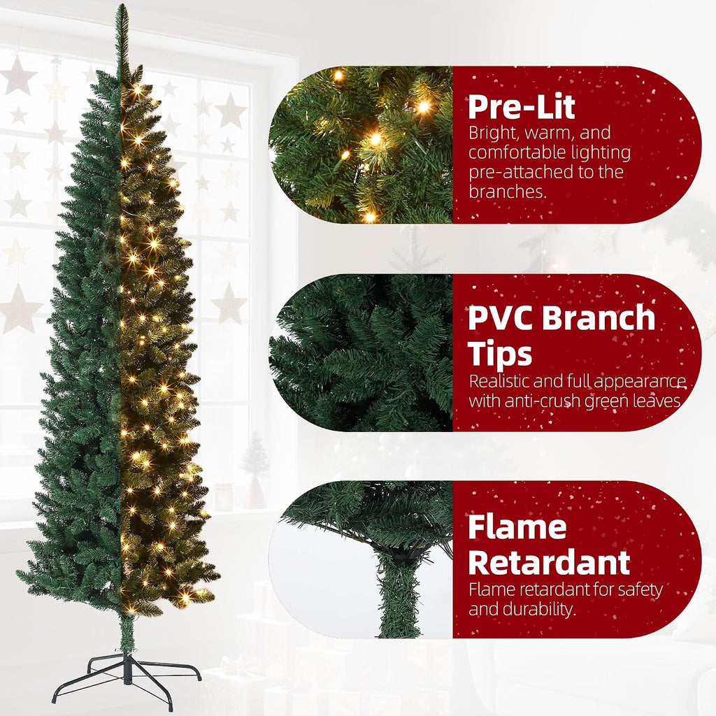 Christmas Trees with Lights ,Tall Pre-Lit Artificial Pencil Slim Christmas Trees with Dual Color LED