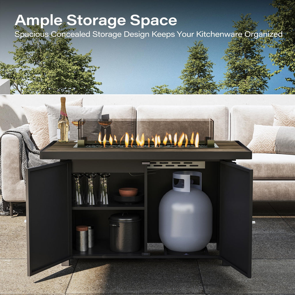 43" Propane Fire Pit Table, 55000 BTU Gas Fire Pit with 2 Tiered Storage Space, Wood Grain Tabletop, Gray Glass Wind