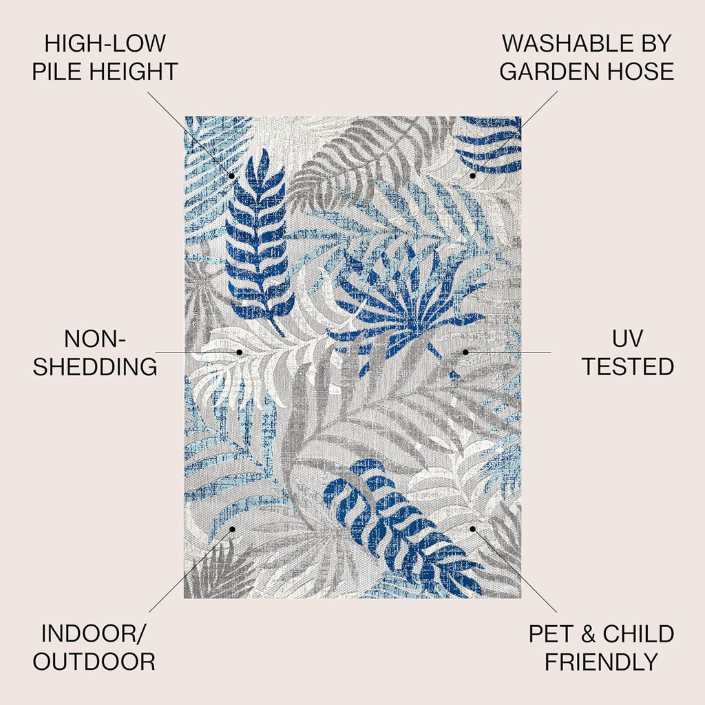 Tropical Leaves Square Rug Gray/Blue, Coastal Indoor Outdoor Rug