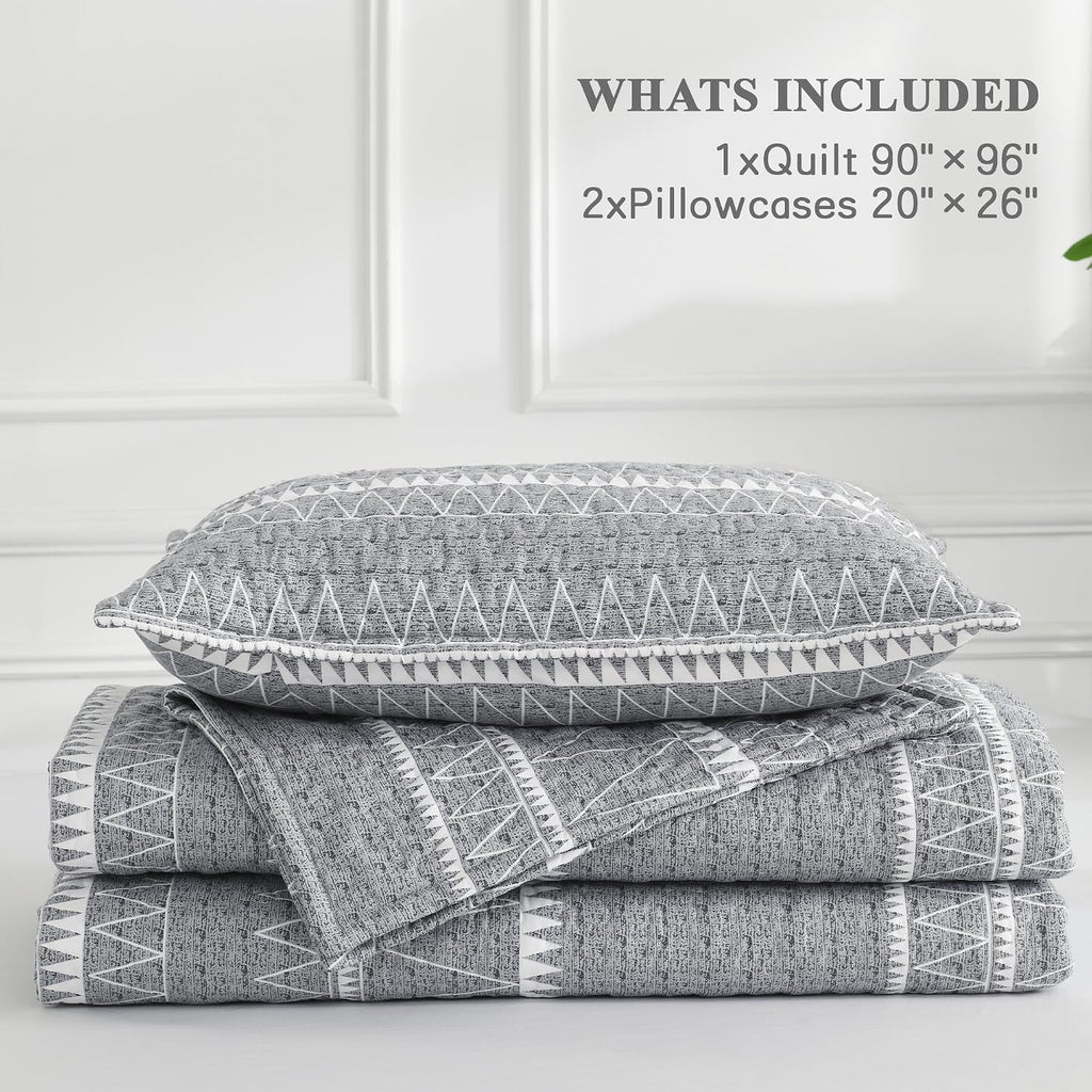 Quilts Queen Grey, 3 Pieces Queen Quilt Bedding Set Boho Lightweight Soft Striped Bedspread for All Season (90"x96")