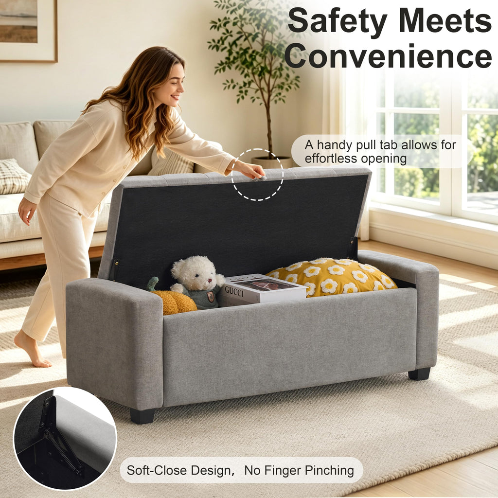 48" Ottoman with Storage, Tufted Linen Storage Ottoman Bench, Gray