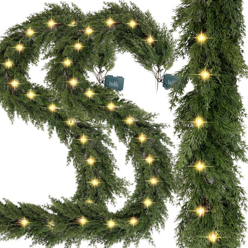 6.2 FT Prelit Christmas Cedar Garland 2 PCS, Realistic Artificial Pine Needle Faux Cypress Greenery with 20 Lights
