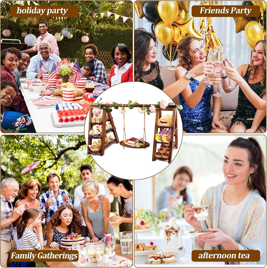 3 Tier Wooden Cupcake Stand with Swing and Flower Decoration | Large Dessert Stands with Serving Tray, Removable