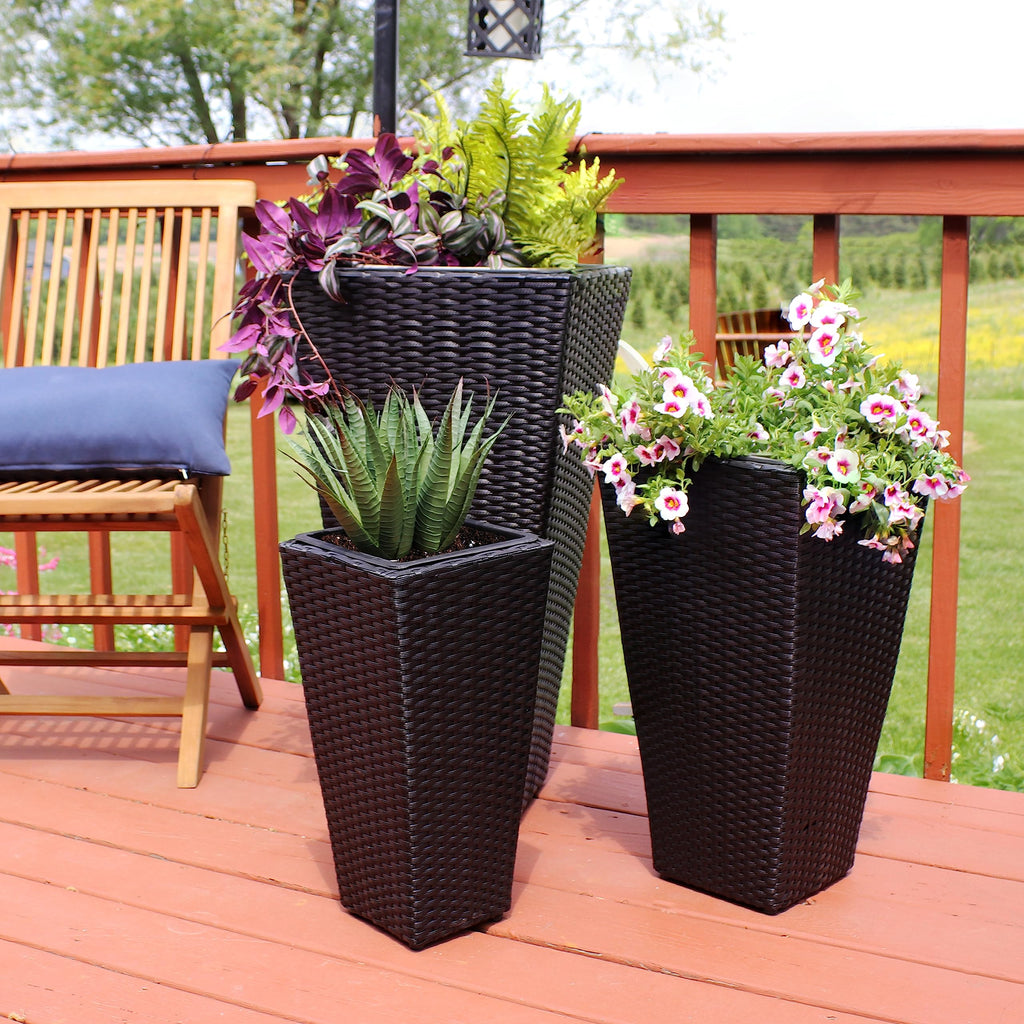 Square Tall Wicker Outdoor Planter, Black, 3pk