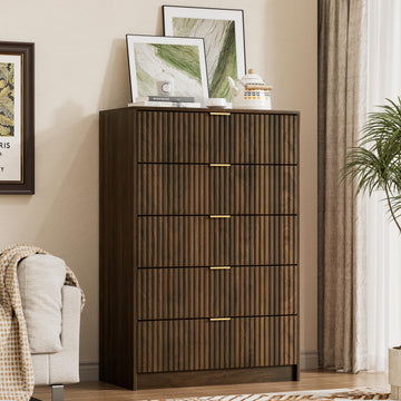 Walnut 5 Drawer Dresser, 47.2" Tall Fluted Wood Dresser