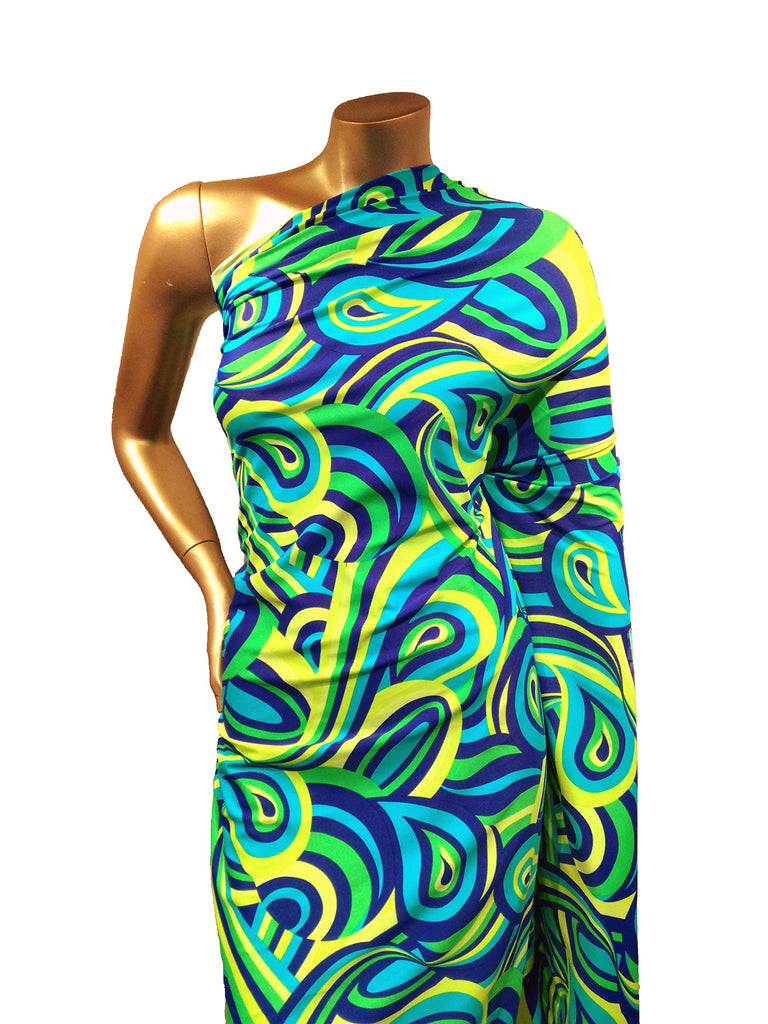 Colorful Psychedelic Retro Pattern on Heavy Stretch Nylon Spandex Fabric by The Yard (Teal/Green)