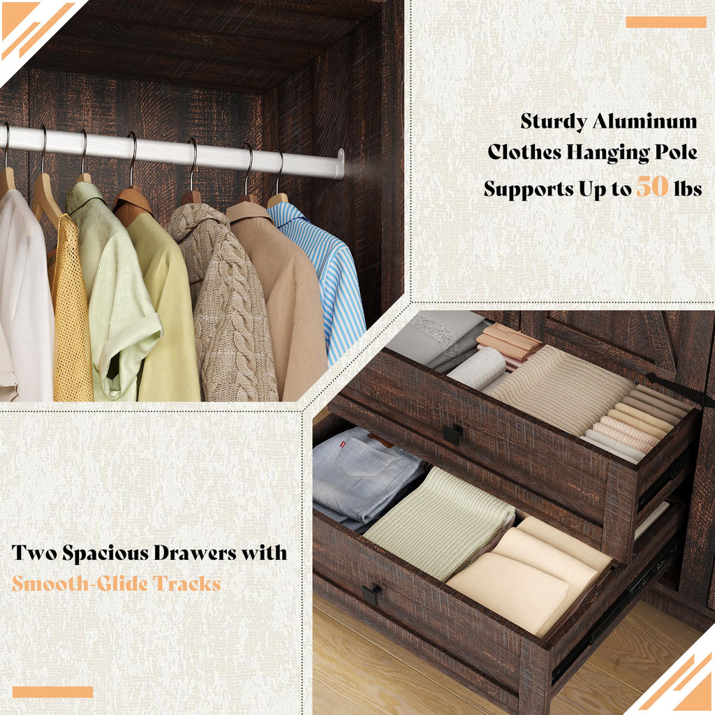 Farmhouse 3 Door Wardrobe Closet with 2 Drawers & Hanging Rod