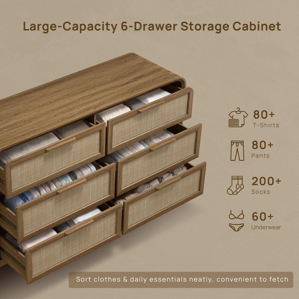 56.7" Curved 6 Drawer Rattan Dresser for Closet, Natural Oak | Wood Chest of Drawers Boho Bedroom Dressers, 1.2"