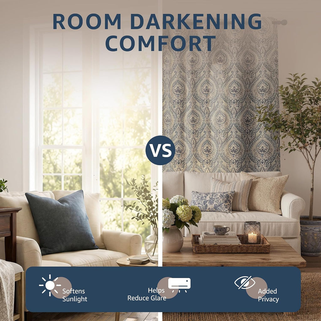 Blue Damask Curtains 63 Inch Room Darkening Grommet 2 Panels