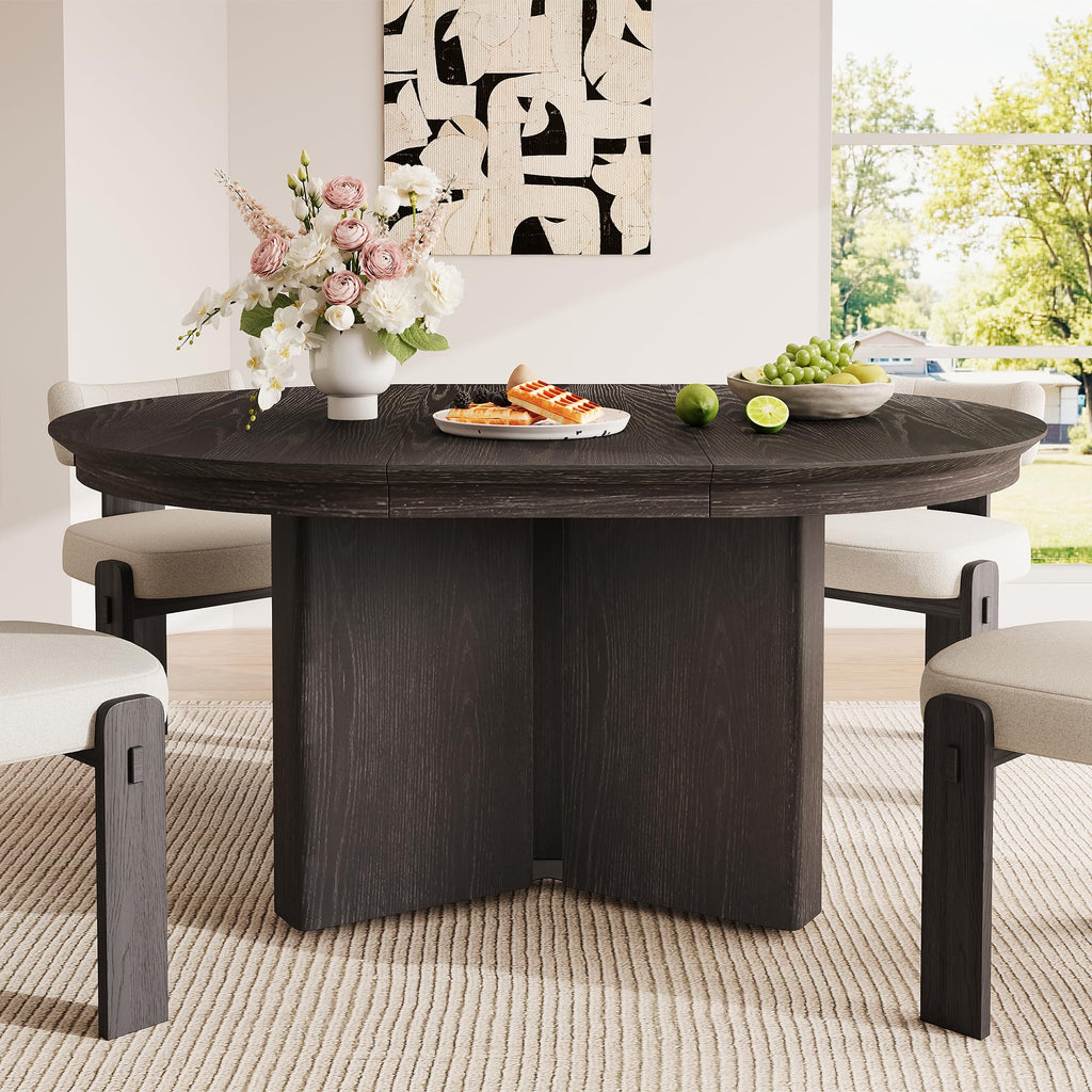 Extendable Dining Table, 42"-58" Length Farmhouse Oval Wood Table with Pedestal Base and Adjustable Foot Pads, Seats
