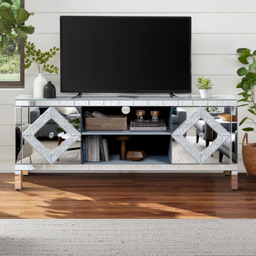 59" Mirrored TV Stand with Open Storage & 2 Storage Cabinets, Luxury Mirror Entertainment Center with Diamond