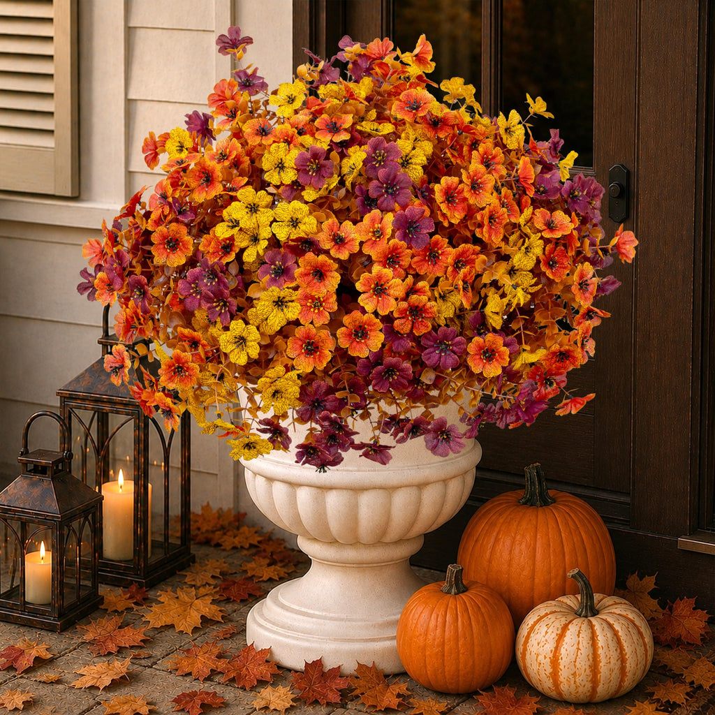 Artificial Fall Flowers Outdoor Fake Mums Brown Orange Yellow