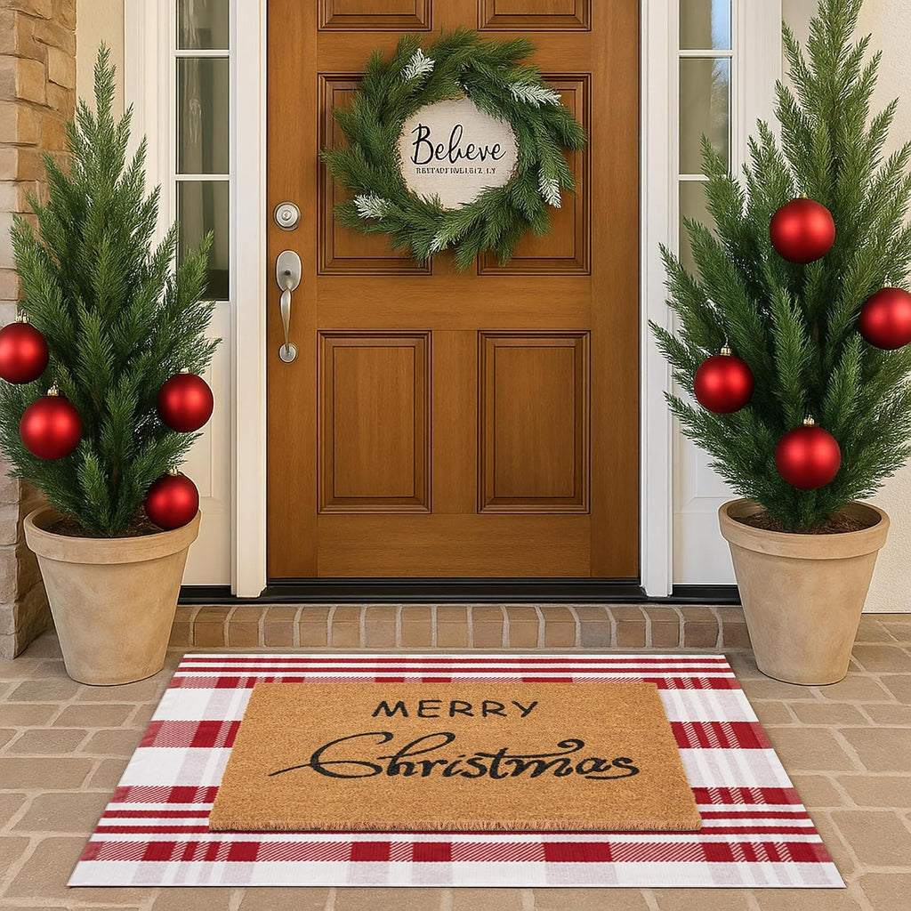 Christmas Door Mat Combo Set - 100% Coco Coir Welcome Mat + 28 x 43 Inch Red and White Diagonal Plaid Rug, Christmas