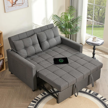 52" 3-in-1 Convertible Sleeper Sofa Bed, Linen, Dark Gray
