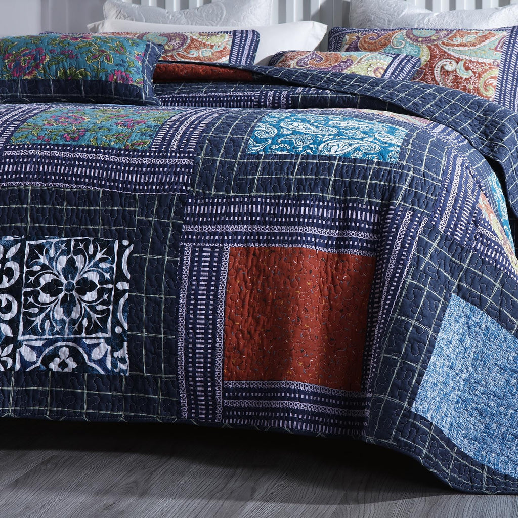 100% Cotton Gorgeous Floral Quilt Set, King Size Quilted Bedding Set, Boho Reversible Navy Blue Patchwork Paisley