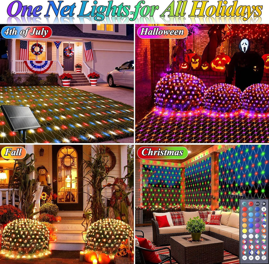 4ft x 8ft Solar Net Lights, 104LED 34 Colors Changing Christmas Net Lights Solar & USB Powered, Waterproof Mesh