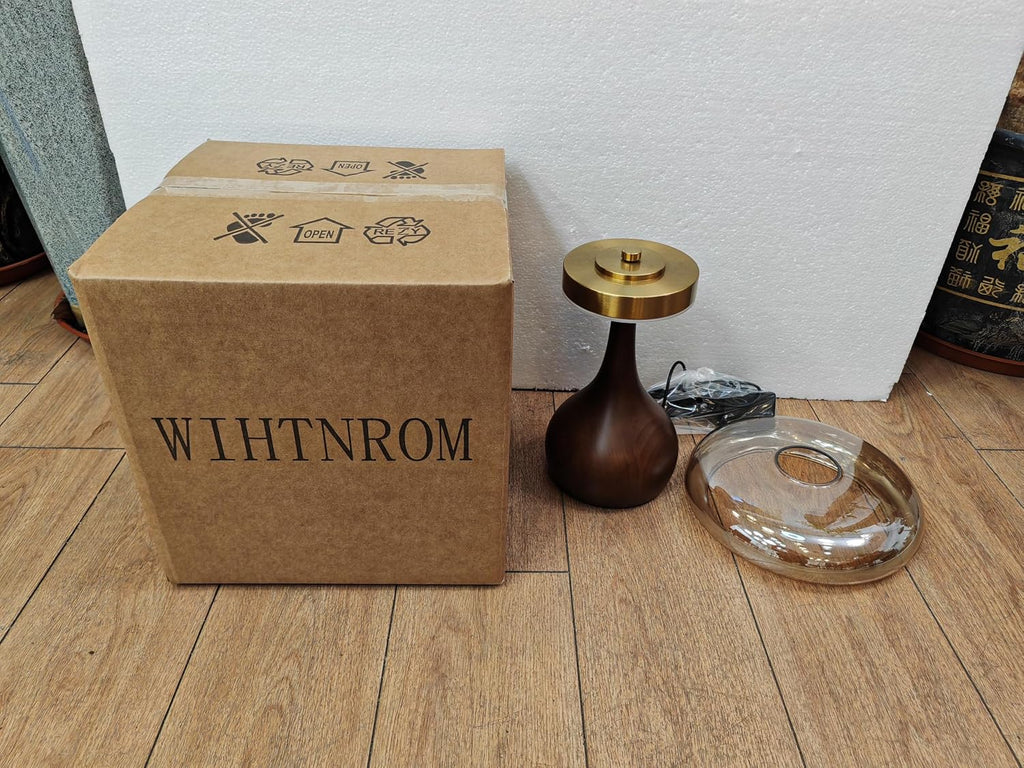 Small Table Lamp-Wooden Base Teardrop Mushroom Table Lamps,Amber Glass Shade