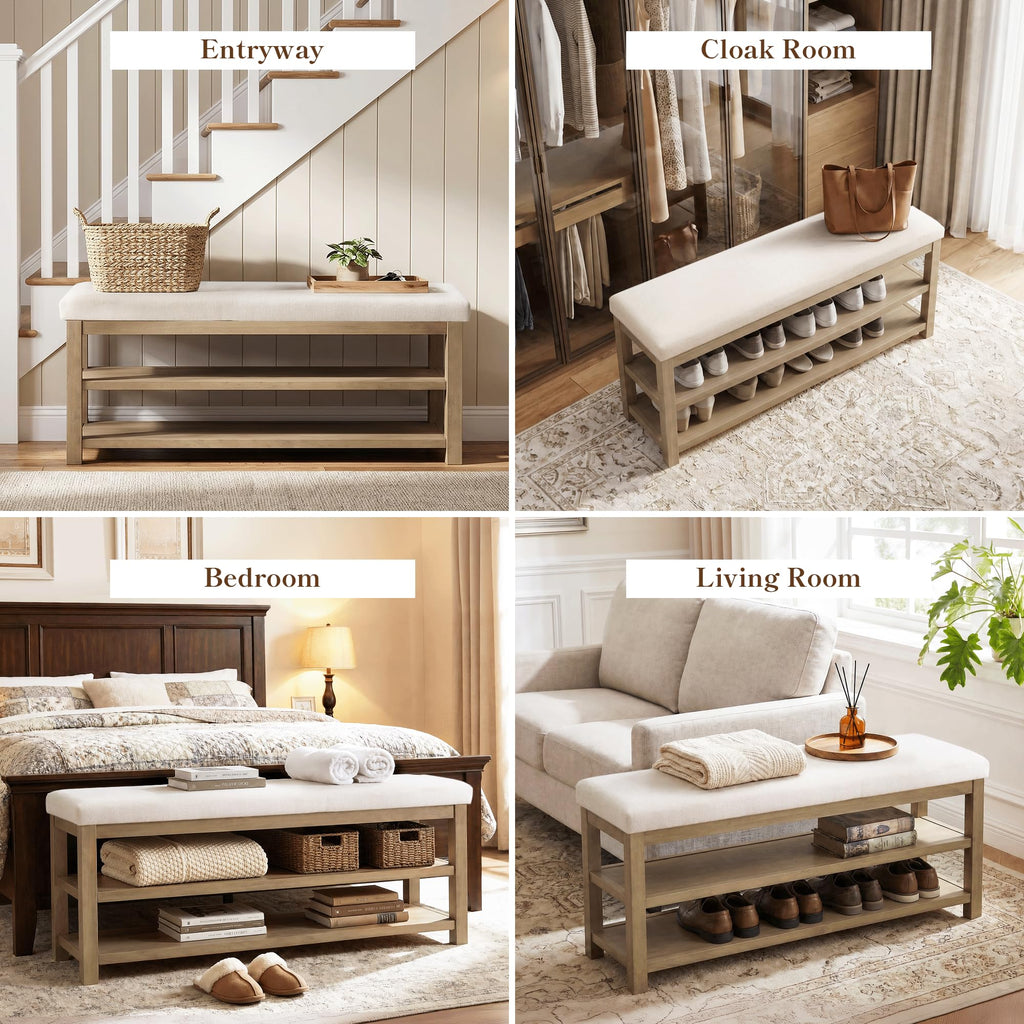 2 Tier Shoe Rack Bench with Cushion, Solid Wood Shoe Benches, Mid-Century Modern Shoe Storage Bench, Closet, Front