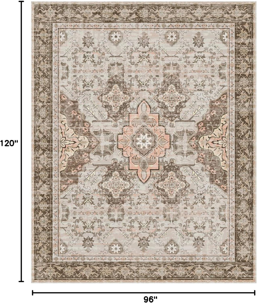 8x10 Area Rugs, Large Non-Slip Washable Rug, Boho Vintage Retro Medallion Print Pattern Carpet Dining Room Home