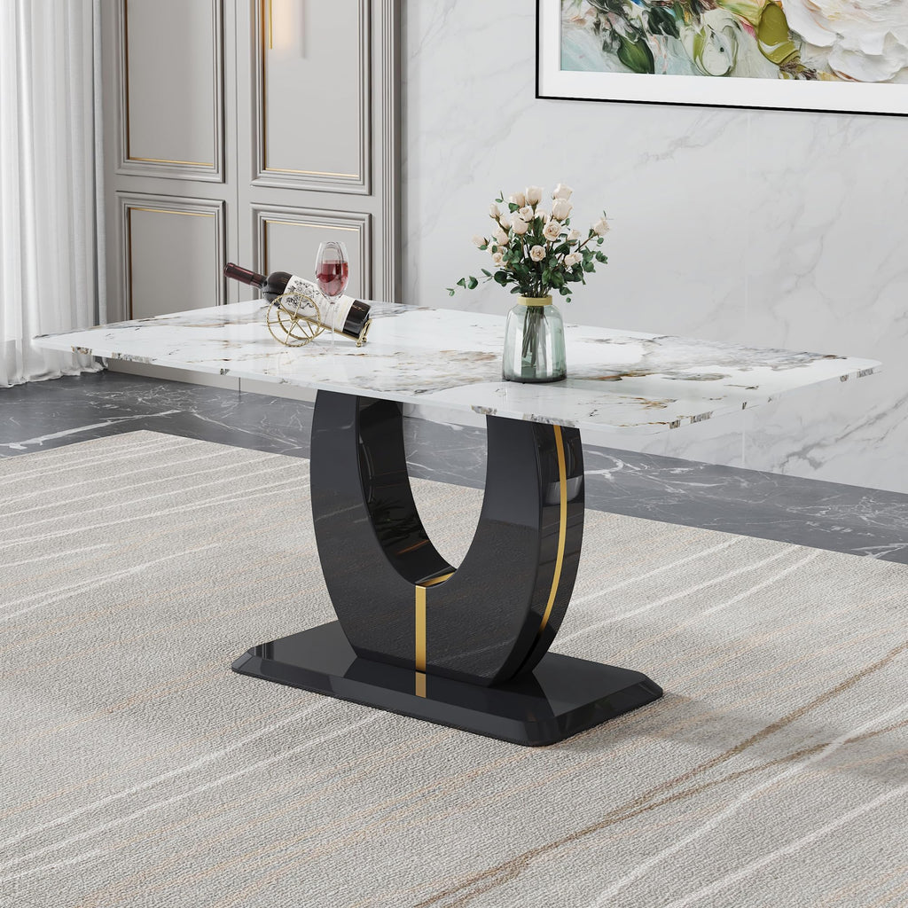 Inspired Saarinen Style 71-Inch White Faux Marble Dining Table with Black Pedestal Base