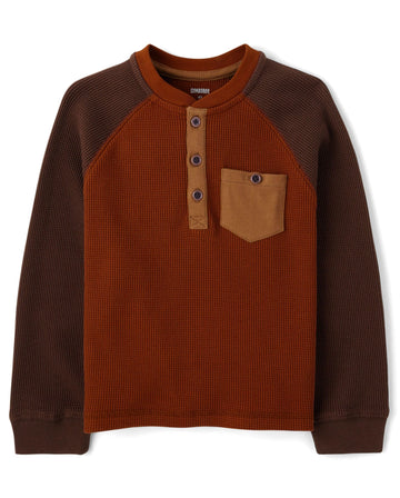 Boys,and Toddler Long Sleeve Thermal Henley Shirt,Smoked Paprika Colorblock