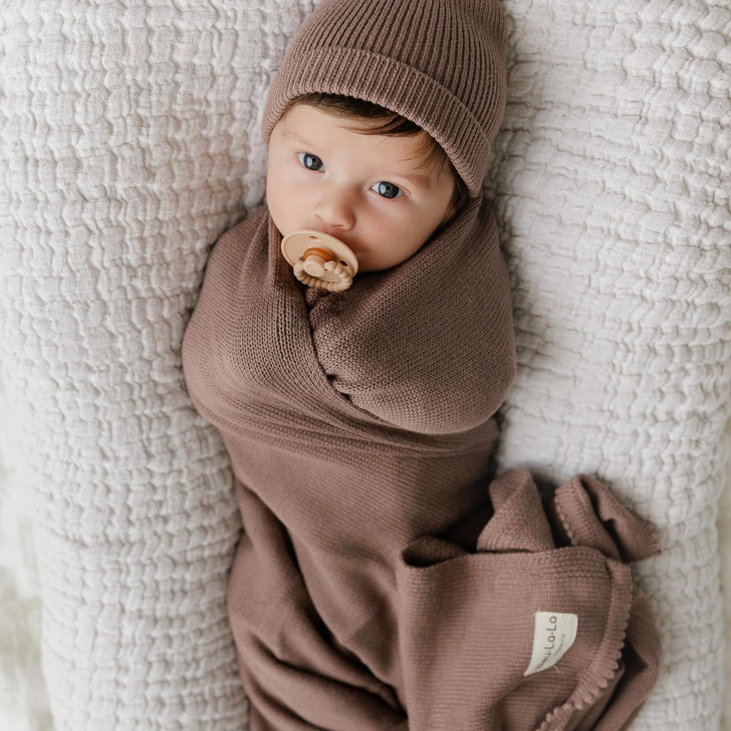 Baby Gift Set - Organic Cotton Blanket + Hat Set, Newborn Blanket Essentials, Baby Boy Gifts (Luxe - Milk Chocolate)