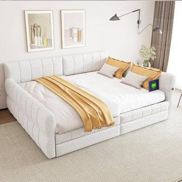 Queen daybed with USB, Queen Corner Bed with Two Drawers, Upholstered Bed Frame for Kids,Teens,Adults, Lambswool