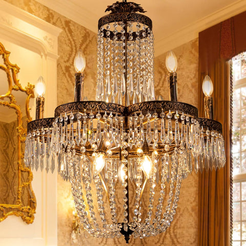 Crystal Chandelier for Dining Room, 25" French Empire Crystal Chandeliers for Bedroom, Rustic Farmhouse Chandelier Antique Bronze Kitchen Island Light Fixture for Living Room Foyer Entryway A108-B0D8JDDCZ1