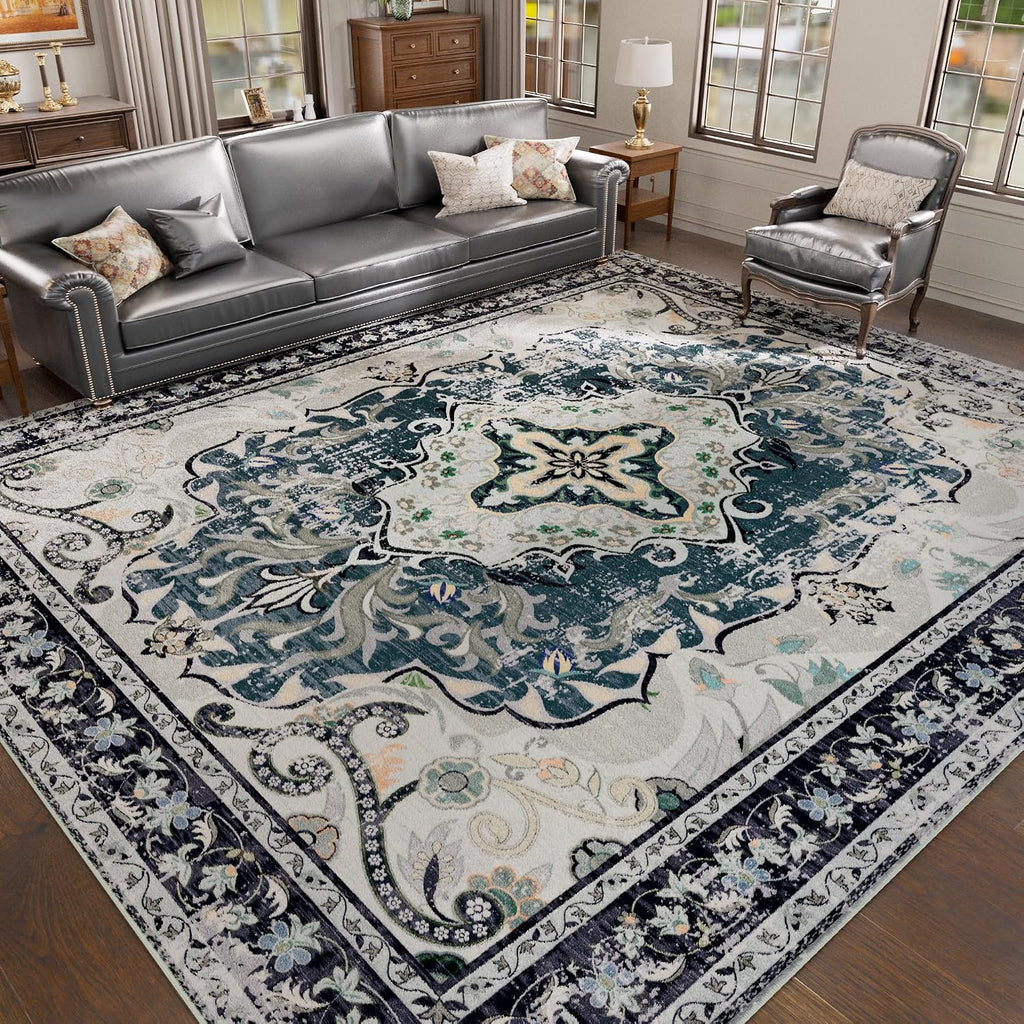Washable Area Rugs, Non-Slip Boho Vintage Traditional Medallion Print Pattern Carpet Dining Room Farmhouse