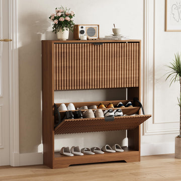 Shoe Cabinet Storage with 2 Flip Drawers, Walnut Fluted Shoe Cabinet with Open Storage, Wooden Hidden Shoe Rack