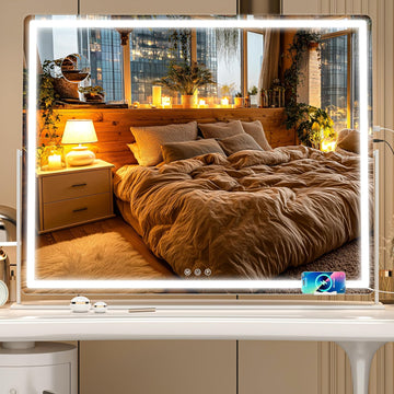 Large Vanity Mirror with Lights 34'' x 25.6'' - Touch Screen Hollywood Makeup Mirror, 3 Color Modes + Dimmable LED