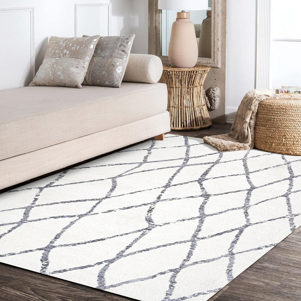Illi Moroccan Diamond Trellis Ivory/Gray Indoor Area Rug, Bohemian, Vintage, Easy-Cleaning, Pet Friendly