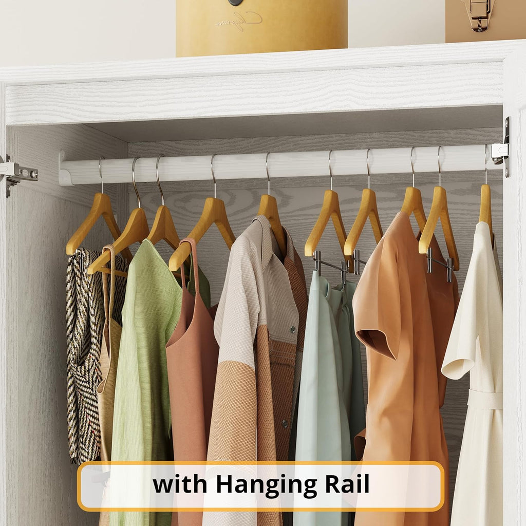 Armoire Wardrobe Closet 70" H, 5 Doors , White | Wooden Wardrobe with 4 Storage Shelves and Hanging Rod, Clothing